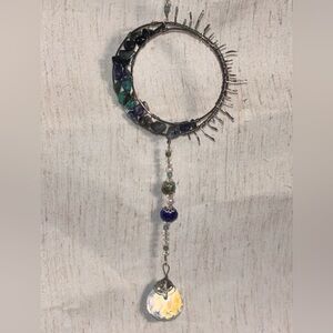 Sun and Moon Crystal Window Hanging Silver Wire Blue and Turquoise Glass Beads